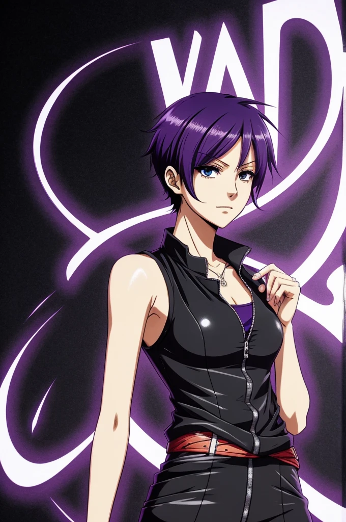 Man with short hair asymmetrical to the left, black jacket and purple t-shirt, drawing in anime one piece style