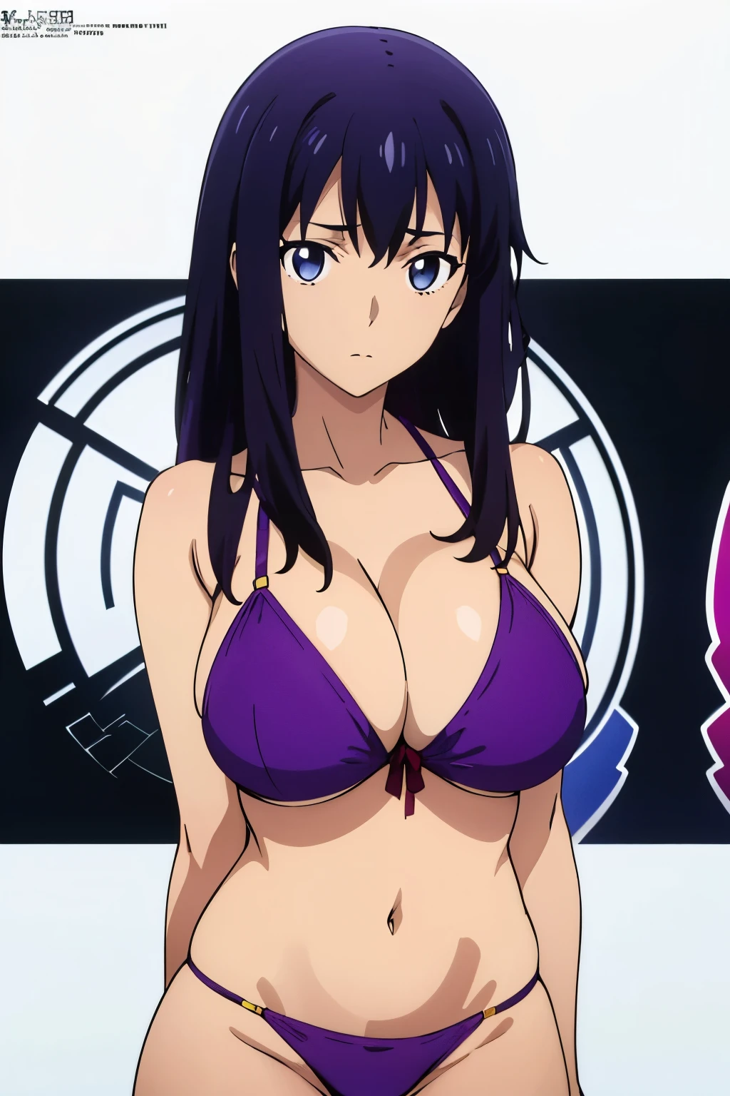 (masutepiece, Best Quality, High resolution:1.5, anime colours, megami magazine:1.2, anime poster style, anime keyvisual, sharp, 8k, photorealistic), (arms at sides), (beautiful eyes:1.5, beautiful face), matou_sakura_fatestaynightufotable
anime_style, 1girl, solo, Cute, (Long Hair), (sagging huge breasts), (purple bikini), cleavage, (cowboy shot), (Perfect detailed Anatomy, beautiful detailed hair, perfect detailed body:1.2, shiny skin), (thick outline, Beautiful outlines, black outlines), simple background,