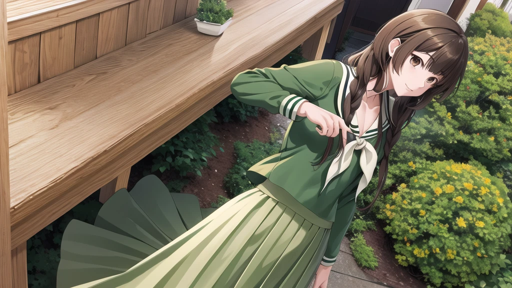masterpiece, Highest quality, High resolution, aayoshino, Slender figure, Sickly,Long Hair, Twin Blade, Brown eyes, Hair that falls over the shoulders, , Sailor collar, neckerchief, Green Shirt, One piece sailor shirt, Long sleeve, Green Skirt, Long skirt, Are standing, Cowboy Shot, Outdoor, White Rose Garden, Person on the right, Shining Face