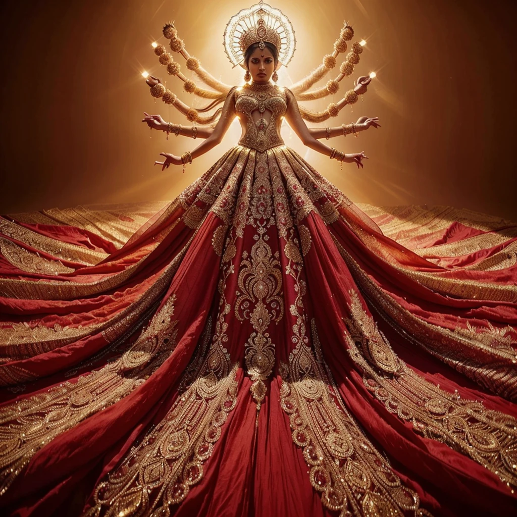 A stunning (((Indian woman with gorgeous stunning lovely face))) dazzles in an intricate red gown, rich with flowing layers and elaborate patterns, embodying Ganesh in grand fashion. Her head, crowned with a gorgeous golden headpiece, is illuminated dramatically. Crystallized human arms extend from her back, while opulent gold jewelry and golden boots complete the look. The shot, taken from beneath, highlights her gown's magnificent descent and her gorgeous face, creating a divine and cohesive fashion masterpiece.