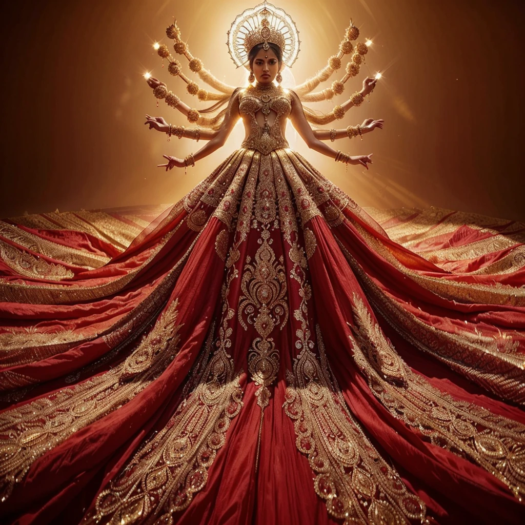 A stunning (((Indian woman with gorgeous stunning lovely face))) dazzles in an intricate red gown, rich with flowing layers and elaborate patterns, embodying Ganesh in grand fashion. Her head, crowned with a gorgeous golden headpiece, is illuminated dramatically. Crystallized human arms extend from her back, while opulent gold jewelry and golden boots complete the look. The shot, taken from beneath, highlights her gown's magnificent descent and her gorgeous face, creating a divine and cohesive fashion masterpiece.
