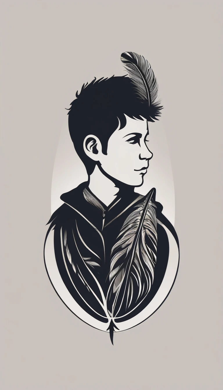 
A minimal, modern, simple, cinematic logo design e of a boy with a head full of feathers for the brand “Penamemoria".