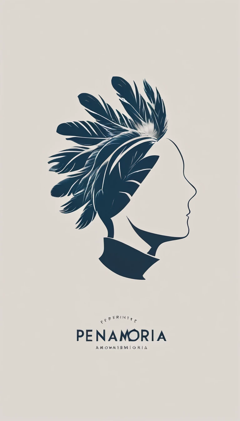 A minimal, modern, simple, cinematic logo design e of a boy with a head full of feathers for the brand “Penamemoria".