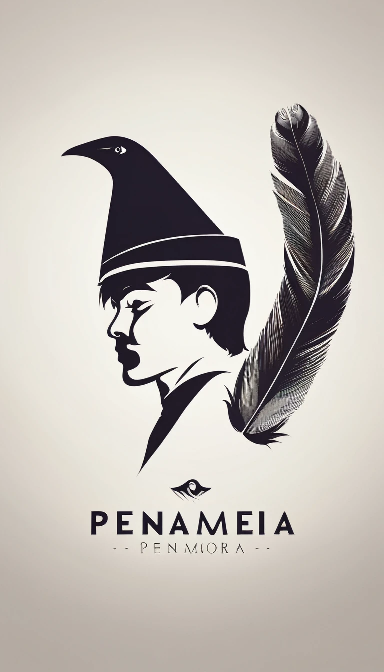 
A minimal, modern, simple, cinematic logo design e of a boy with a head full of feathers for the brand “Penamemoria".