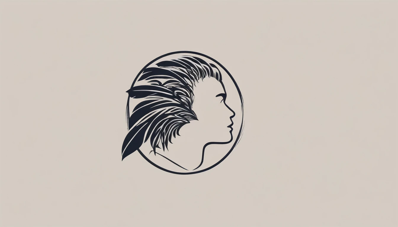 
A minimal, modern, simple, cinematic logo design e of a boy with a head full of feathers for the brand “Penamemoria".