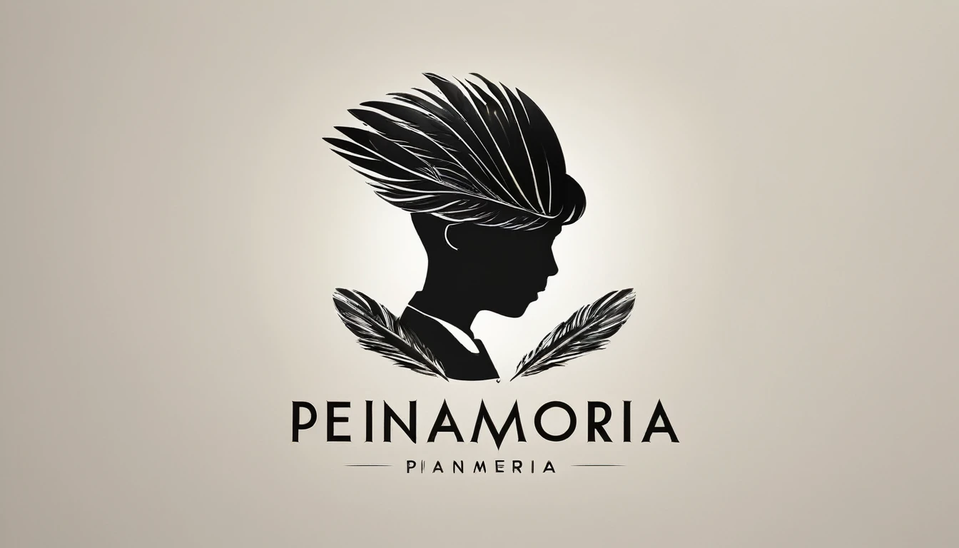 
A minimal, modern, simple, cinematic logo design e of a boy with a head full of feathers for the brand “Penamemoria".