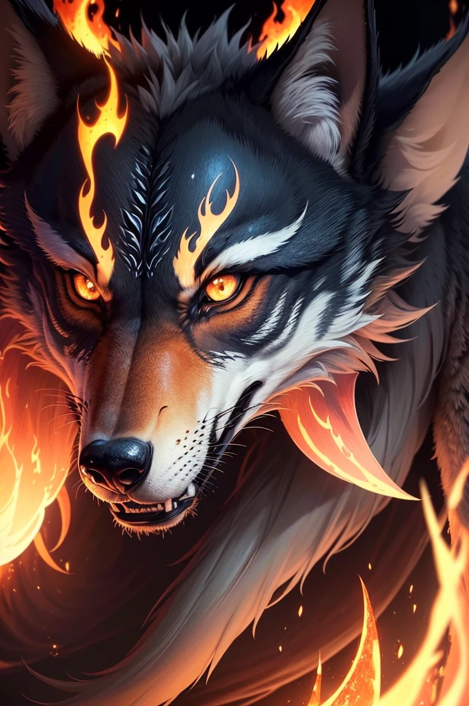 (Extremely detailed wallpaper of a fire wolf in 8k),(work of art), (best qualityer), (ultra detali), (Best illustration),(melhor ombre), (ombre, detailedeyes:1.1), (battle background full of fire:1.2), ,break , mod3, to use as a profile, keep it a little away from the camera, no blue fire