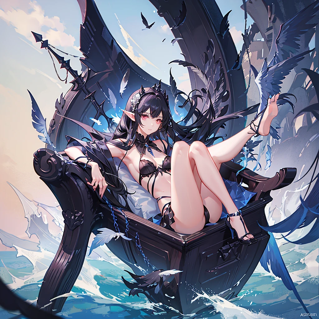 A majestic woman of mystery, with black hair, deep eyes, colorless skin, pointy ears... wings with black feathers.... sailing in a small boat in a big empty and calm sea