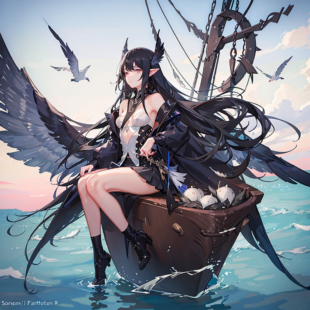 A majestic woman of mystery, with black hair, deep eyes, colorless skin, pointy ears... wings with black feathers.... sailing in a small boat in a big empty and calm sea