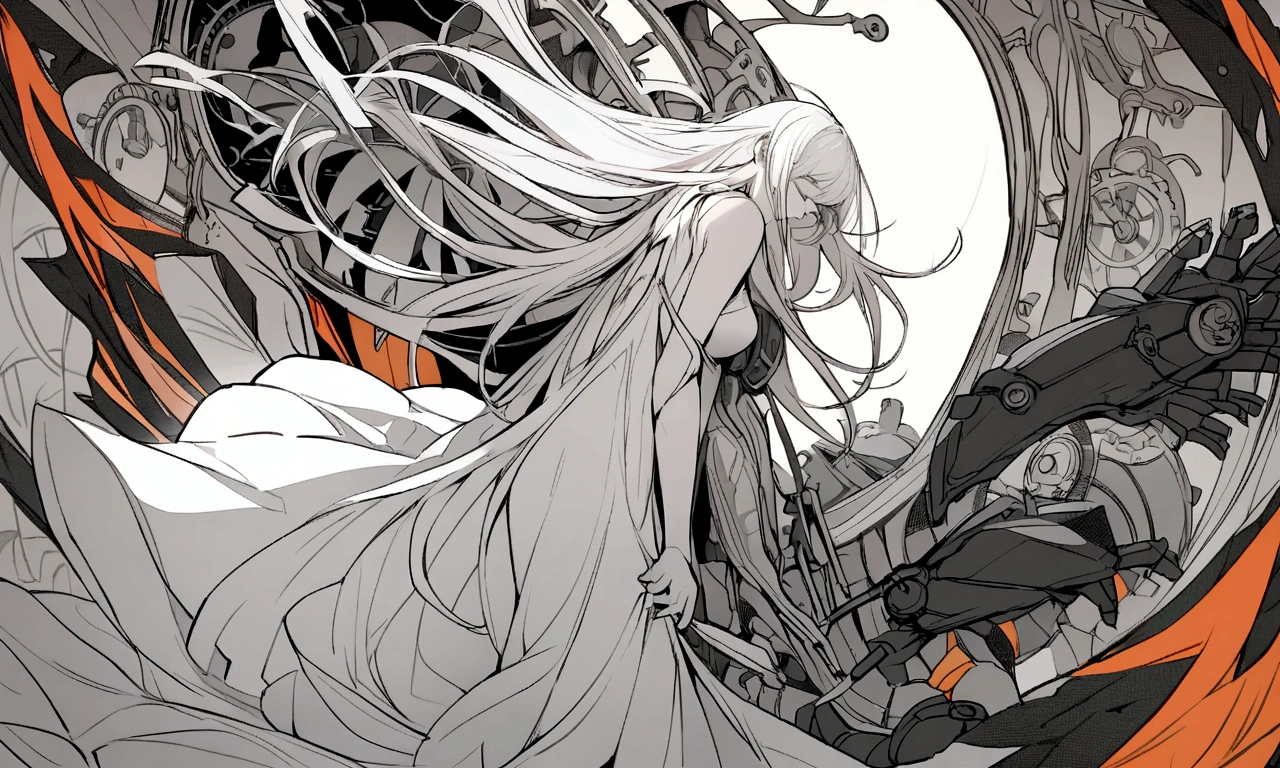 black and white drawing, Clockwork background with giant claws, beautiful woman 1, white long straight hair, white hair, wearing a white dress, the wind blows strongly, Mechanical tongs pull the body, body dragged by mechanical tongs
