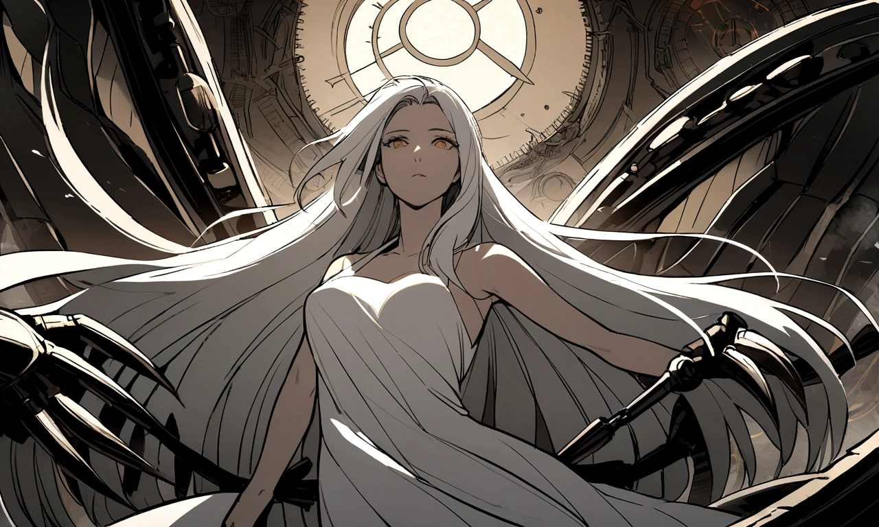 black and white drawing, Clockwork background with giant claws, beautiful woman 1, white long straight hair, white hair, wearing a white dress, the wind blows strongly, Mechanical tongs pull the body, body dragged by mechanical tongs