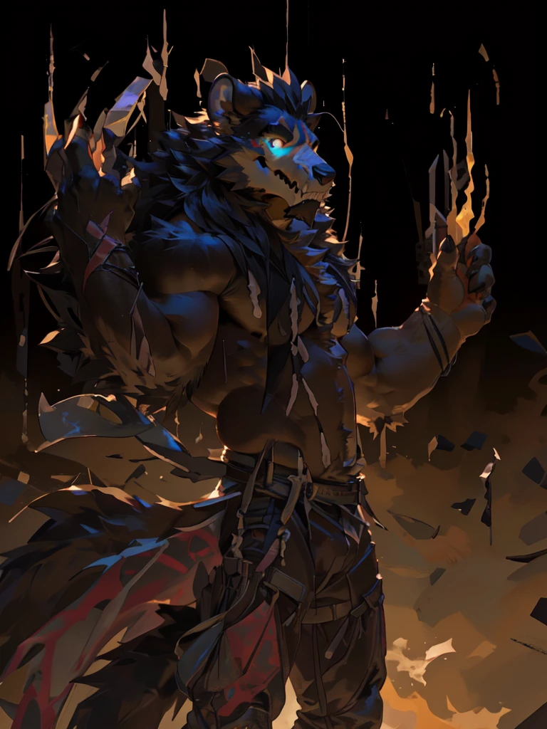 (by taran fiddler), (by darkgem:0.8), (by null-ghost), (by raccoon 21) masterpiece, solo, anthro, furry, furry male, skull-faces wolf, wolf, ((fluffy fur, tall, fluffy, furry body)), (ninja outfit, lion print, bull print), yellow eyes, long hair, black hair, wolf tail, ((white wolf skull face, dark brown body, black facial hair)), black sideburns, back long hair, detailed fluffy fur, detailed face, detailed eyes, pointy ears, no shirt, (furry pectorals:1.1),  full body, no shirt, collar, (by null-ghost,by raccoon21, masterpiece, high quality, hi res,8k HD), standing, close-view portrait, looking at viewer, night, fiery background outdoor, 4 fingers, one thumb