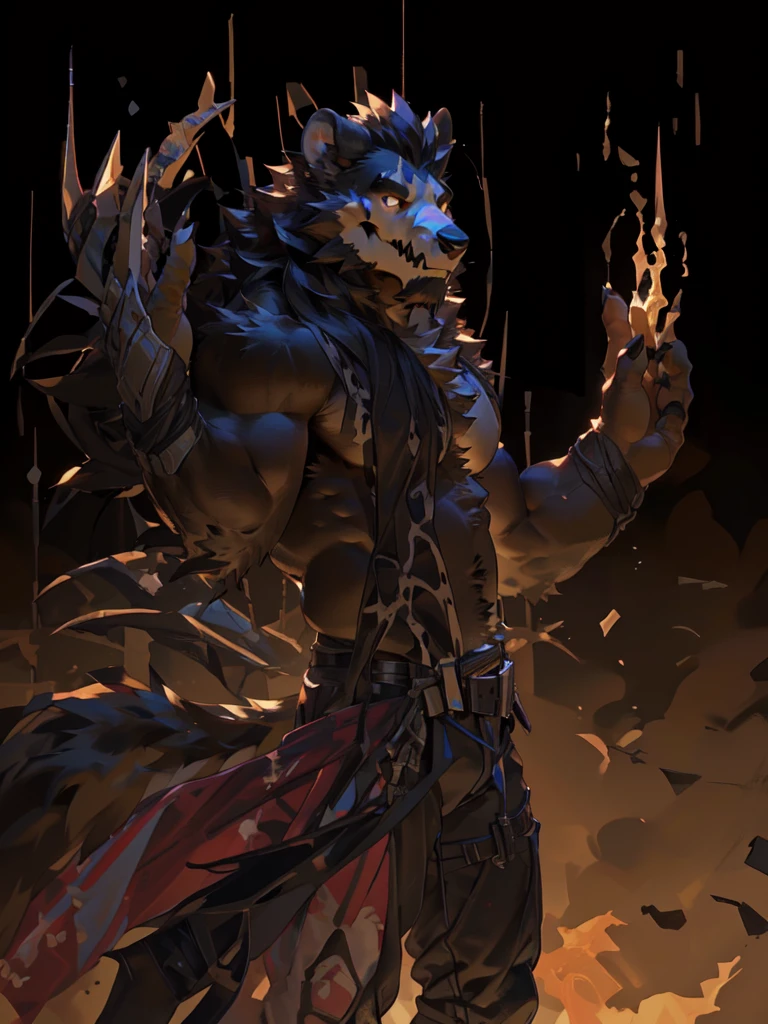 (by taran fiddler), (by darkgem:0.8), (by null-ghost), (by raccoon 21) masterpiece, solo, anthro, furry, furry male, skull-faces wolf, wolf, ((fluffy fur, tall, fluffy, furry body)), (ninja outfit, lion print, bull print), yellow eyes, long hair, black hair, wolf tail, ((white wolf skull face, dark brown body, black facial hair)), black sideburns, back long hair, detailed fluffy fur, detailed face, detailed eyes, pointy ears, no shirt, (furry pectorals:1.1),  full body, no shirt, collar, (by null-ghost,by raccoon21, masterpiece, high quality, hi res,8k HD), standing, close-view portrait, looking at viewer, night, fiery background outdoor, 4 fingers, one thumb