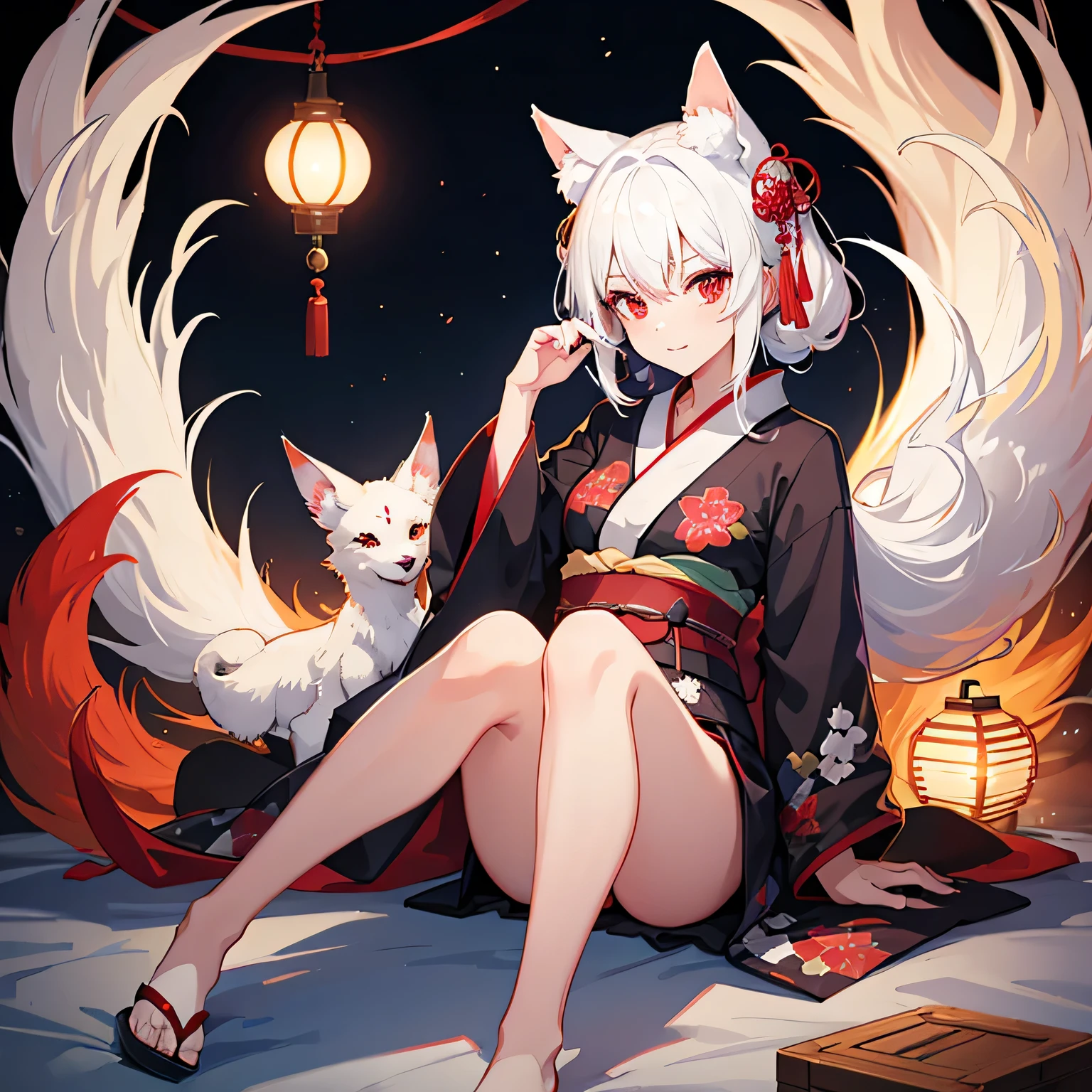 Kitsune in yukata, with pronounced red eyes