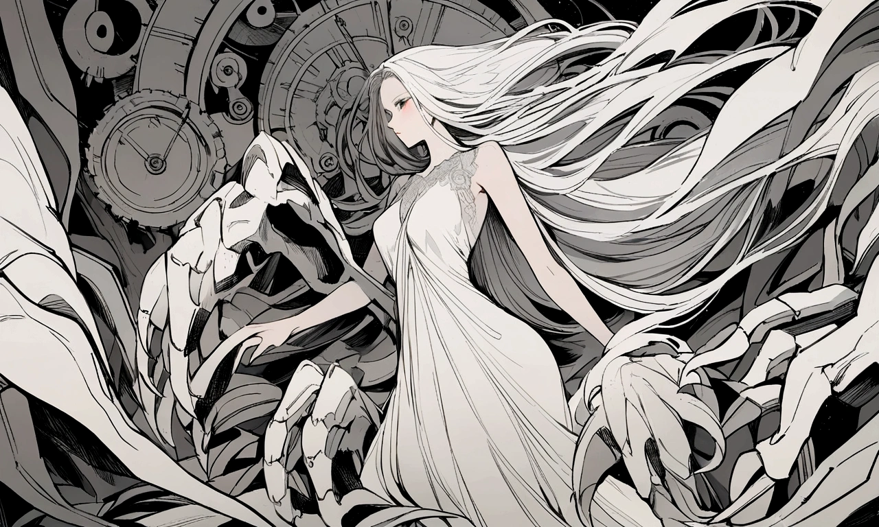 black and white drawing, Clockwork background with giant claws, beautiful woman 1, white long straight hair, white hair, wearing a white dress, the wind blows strongly, Mechanical tongs pull the body, body dragged by mechanical tongs