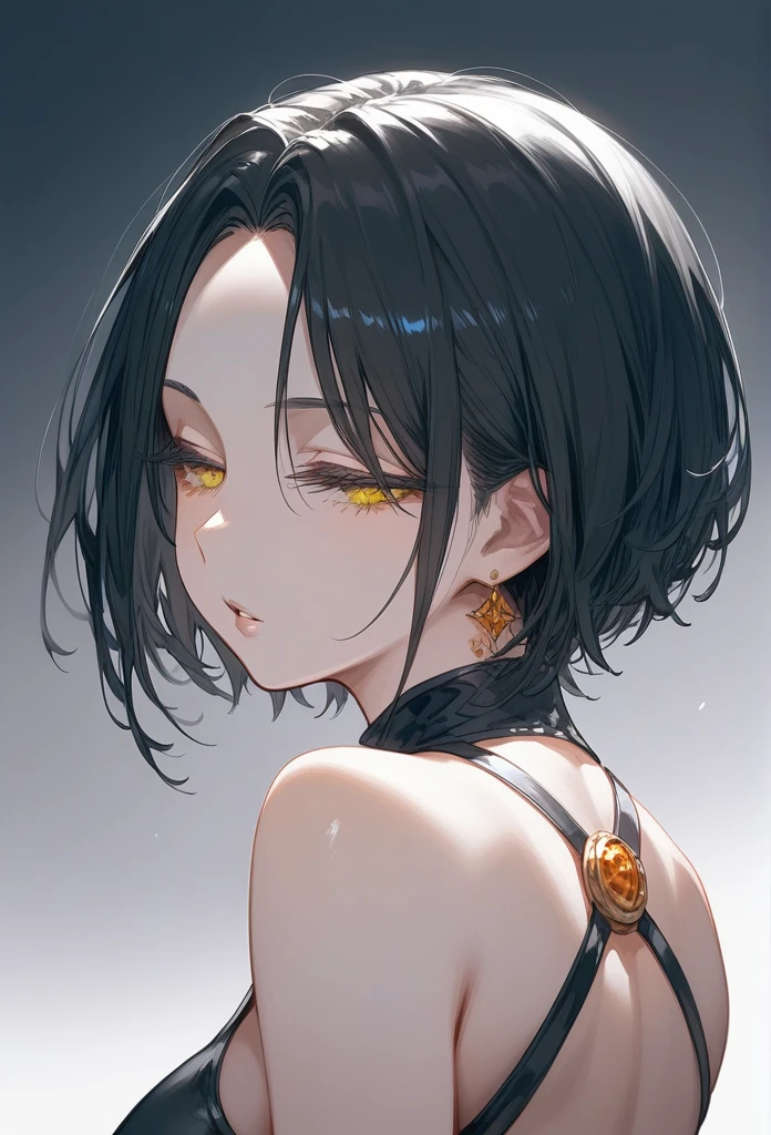 masterpiece, Score_9, Score_8_up, Score_7_up, rear view, 1 woman, alone, dark black hair, very short hair, long parted bangs, gold and orange eyes, half-closed eyes, parted lips, expressionless, pale skin, large breasts, top body,
long open bangs, with a mole under the mouth, cut style (boy), No bangs.