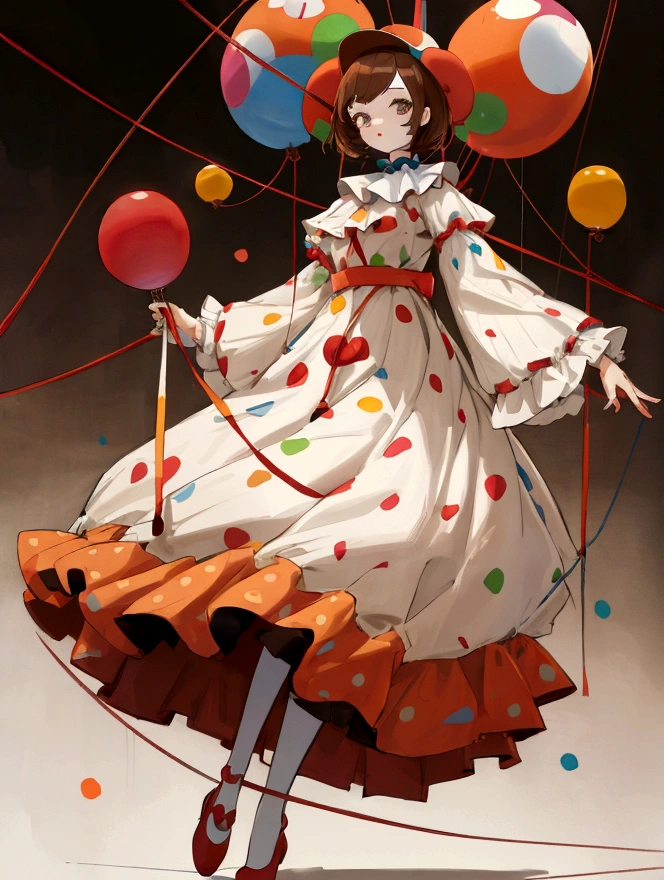 full-length, medium height girl, clown and clown design, puppets, strings, hinges, short brown hair