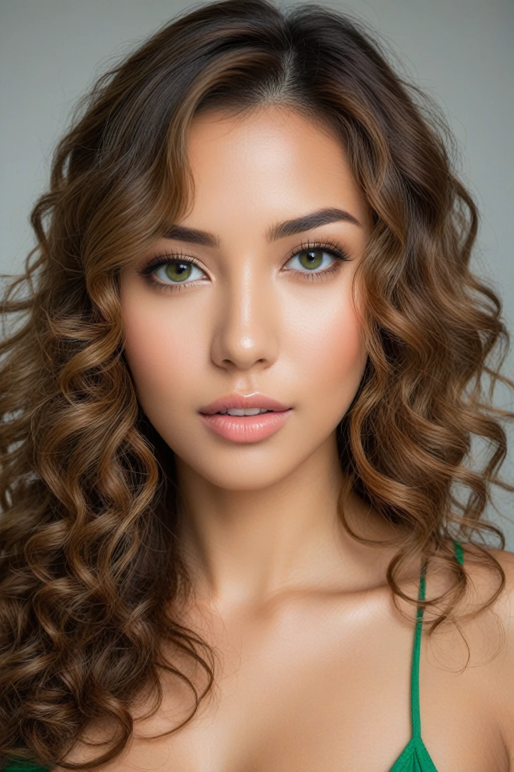 Photo portrait real d'une femme 28 ans peau clair, very realistic, real, yeux brillants vert, nice face, sharpness, curly light brown hair, with Thai and Spanish origins, sexy realistic