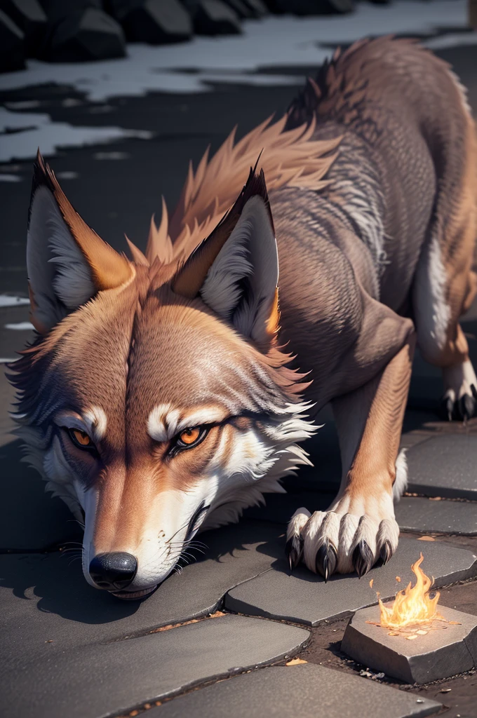 (Extremely detailed wallpaper of a fire wolf in 8k),(work of art), (best qualityer), (ultra detali), (Best illustration),(melhor ombre), (ombre, detailedeyes:1.1), (stone background on the ground:1.2), ,break , mod3, to use as a profile, keep it a little away from the camera, no blue fire