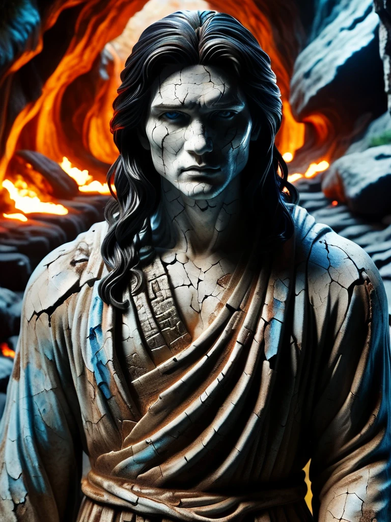 male closeup, in a dark cave with dim light, 800bc, closeup cracks in statue with ral-lava, lava dripping through the cracks ral-porcelain, at night, gray robes, long black hair, black hair, blue eyes, bright blue eyes