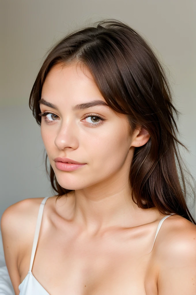 to generate a hyper-realistic image of the face of an 18 year old girl of European and American descent with perfect, well lined eyes and brown eyes, with brown hair, beautiful delicate lips and a thin, upturned nose, straight hair, tender and delicate face, kind, innocent, innocent look, delicate, tender face without imperfections, symmetrical and extremely proportionate and perfect,backcombed hair.