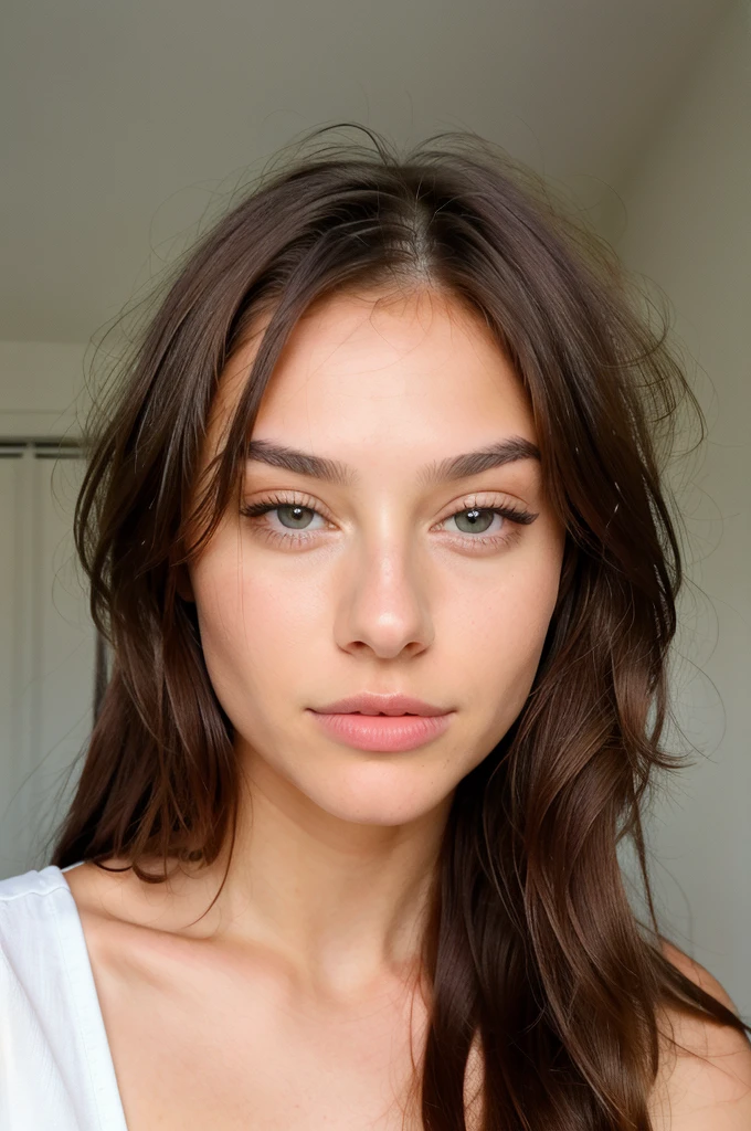 to generate a hyper-realistic image of the face of an 18 year old girl of European and American descent with perfect, well lined eyes and brown eyes, with brown hair, beautiful delicate lips and a thin, upturned nose, straight hair, tender and delicate face, kind, innocent, innocent look, delicate, tender face without imperfections, symmetrical and extremely proportionate and perfect,backcombed hair.
