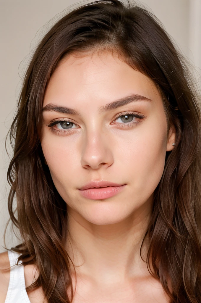 to generate a hyper-realistic image of the face of an 18 year old girl of European and American descent with perfect, well lined eyes and brown eyes, with brown hair, beautiful delicate lips and a thin, upturned nose, straight hair, tender and delicate face, kind, innocent, innocent look, delicate, tender face without imperfections, symmetrical and extremely proportionate and perfect,backcombed hair.