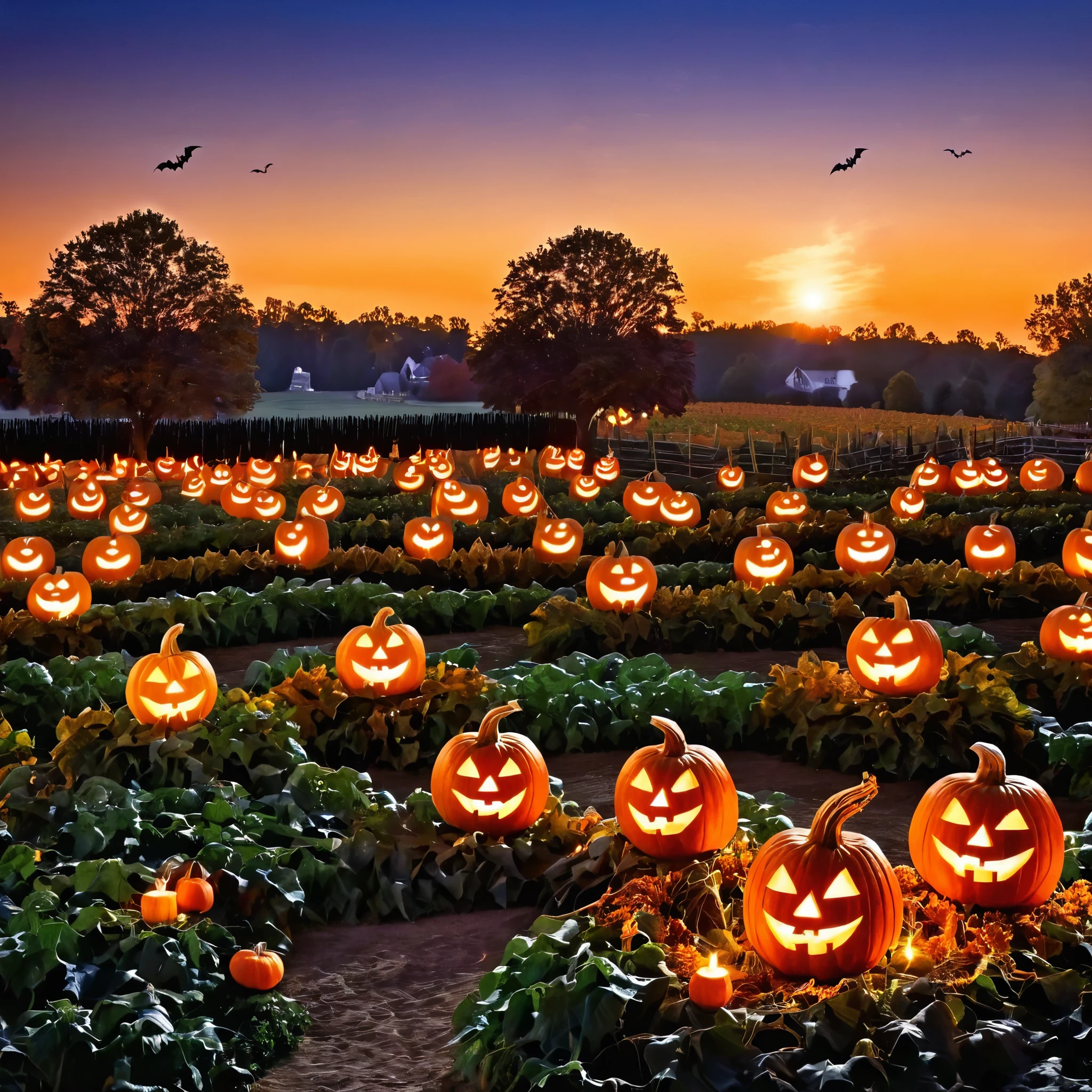 Design a Halloween landscape with a pumpkin patch bathed in the soft light of a setting sun. Include mischievous scarecrows and whimsical jack-o'-lanterns.