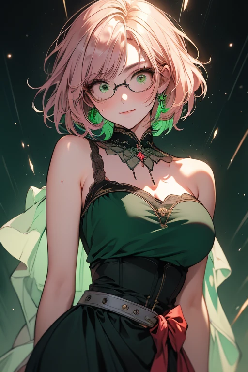 score_9, score_8, score_7_up, 

1girl,(((green:1.5)), short hair, messy hair, (ahoge), breads), ((green streak in hair)),  (multi_colored eyes,green and brown eyes, snake eyes,mascara, black eyeliners), ((glasses)), (white skin, pale skin), ((blushing, gentle smile)), (slender, large breasts, wide hips), (renaissance era green dress),

,full body, smile,blush, ,natura light,light rays,(from front),(110 degrees),
 


,90s anime retro style,highly detailed lineart,vivid colors,vulomatric lightning,(masterpiece), best quality, expressive eyes, perfect anstomy,perfect body


,galaxy Background, scenery,, very aesthetic,, extremely detailed, intricate details, PEAnimeBG

 (walking) 