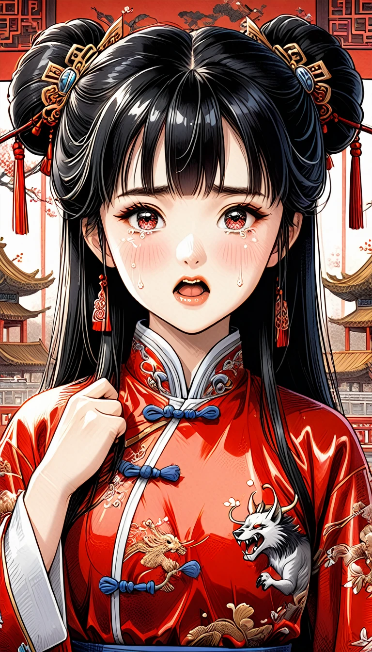 8k Tragic Historical Drama: Beautiful Palace Secrets　A beautiful 10-year-old Chinese kung fu girl with long black hair is forced to have sex with the demon king　Gorgeous embroidery, Ultra glossy, She is wearing a shiny red long-sleeved royal Chinese jacket.....　　She cries loudly and gives up　She has pubic hair