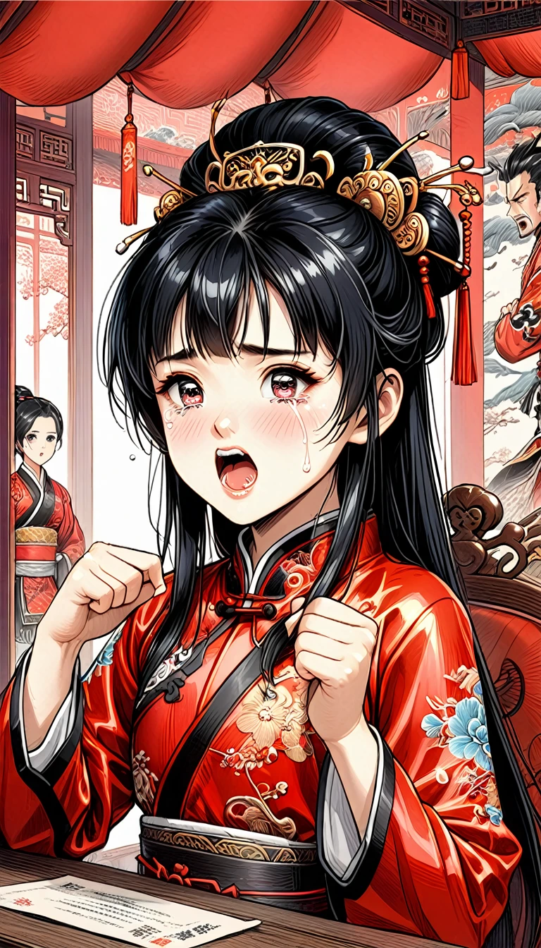 8k Tragic Historical Drama: Beautiful Palace Secrets　A beautiful -yeld Chse kung fu girl with long black hair is forced to have sex with the demon king　Gorgeous embroidery, Ultra glossy, She is wearing a shiny red long-sleeved royal Chinese jacket.....　　She cries loudly and gives up　She has pubic hair