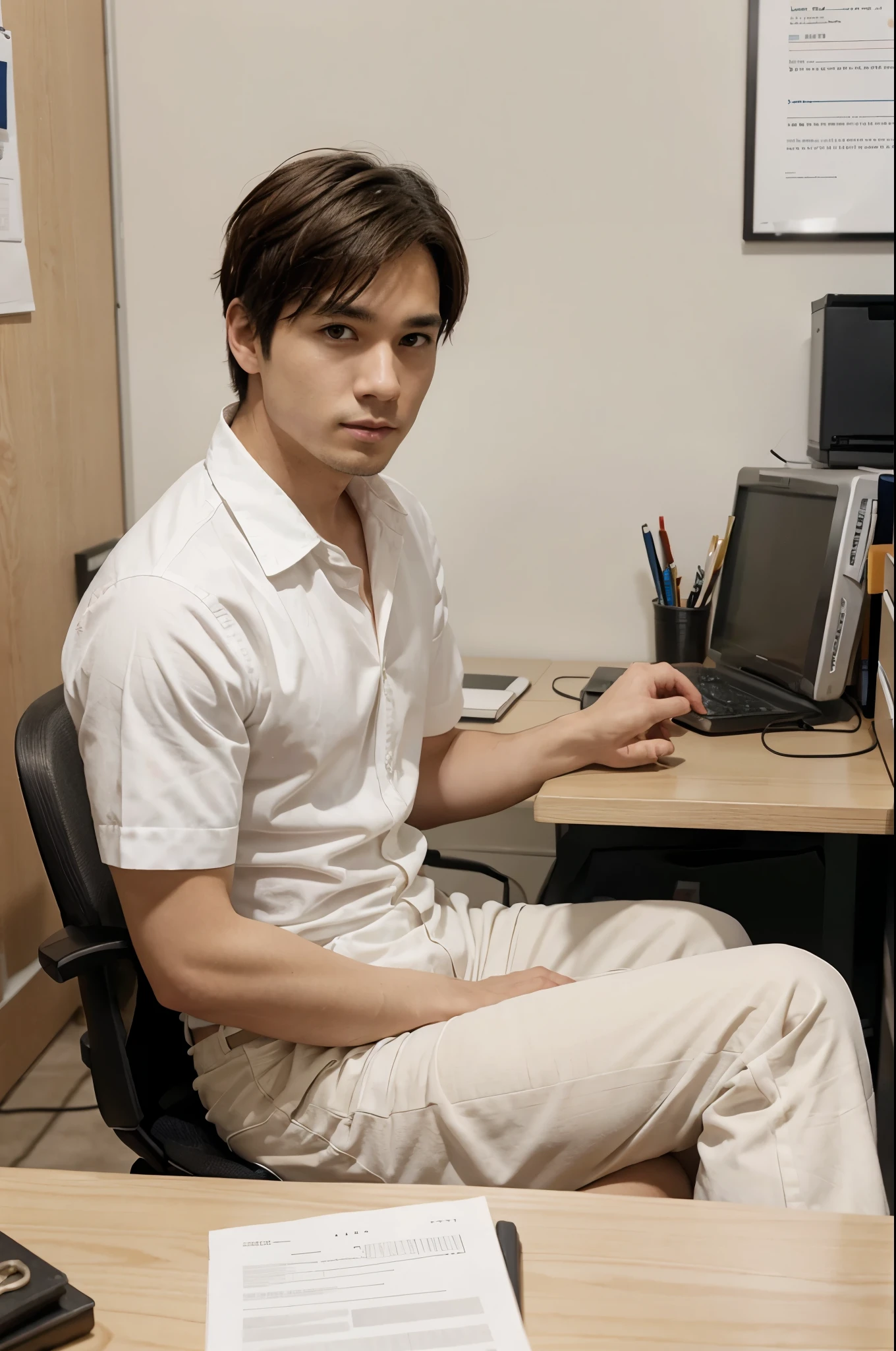 Anime of a man with short hair in a white shirt sitting at his work desk