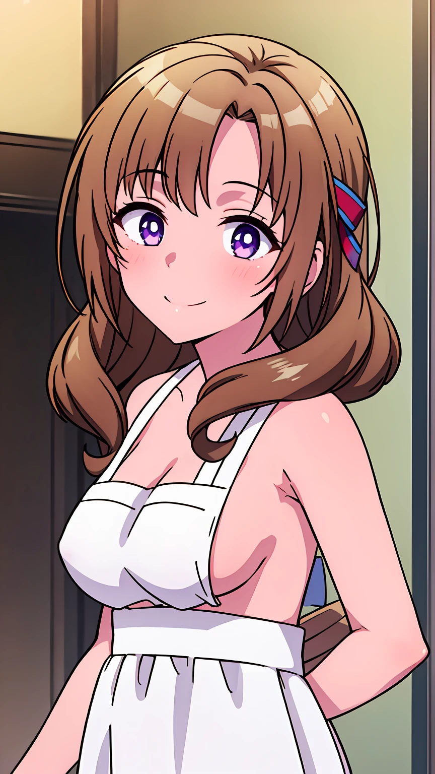 masterpiece, (best quality), 8k uhd, girl, (mamako oosuki), (naked),brown hair, long hair, (hair down), purple eyes, mature female, white shirt, pants, sweater, big breasts, ribbon, sexy woman, smile, (suspender naked apron), apron only,embarrassed, blush,  bare shoulders, vibrant colors , natural lighting, beautiful, (detailed face:1.2), showcase, (perfect eyes:1.1) , (photorealistic:1.1),  looking at viewer, outdoors