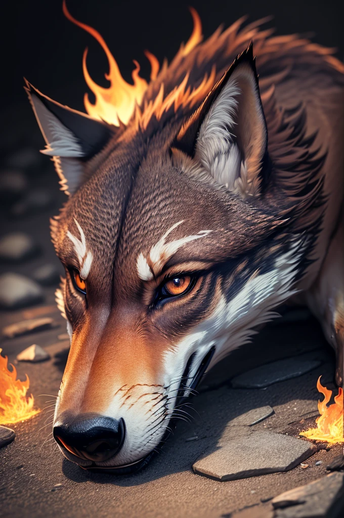 (Extremely detailed wallpaper of a fire wolf in 8k),(work of art), (best qualityer), (ultra detali), (Best illustration),(melhor ombre), (ombre, detailedeyes:1.1), (stone background on the ground with fire:1.2), ,break , mod3, to use as a profile, keep it a little away from the camera, no blue fire