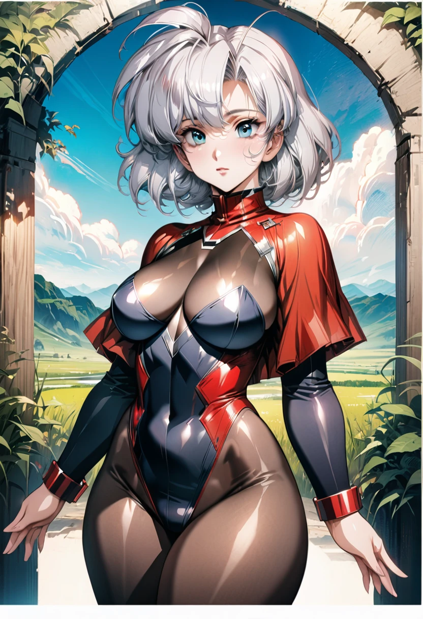 ((highest quality)), ((masterpiece)), ((hyperrealistic)), (detailed background), anime style, solo, 1girl, ((curvy: 1.2)), kawaii, silver short hair, ahoge, ((high neck leotard bodysuit)), ((large breasts)), ((see-through black bodystocking)), (big butt), beautiful aqua eyes, perfect face, Perfect hands, perfect fingers, Blue sky and grassland,