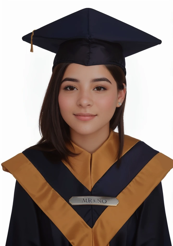 Arafed young woman in graduation gown and cap with nameplate., graduation photo, digitally painted, portrait cerrado, wearing an academic gown, Representación de un portrait de cerca, portrait de primer plano medio, Student, portrait, portrait detallado, portrait en color detallado, portrait de estudio realista, Postgraduate, rendering of mirabel madrigal, portrait de alto detalle, portrait frontal de una niña