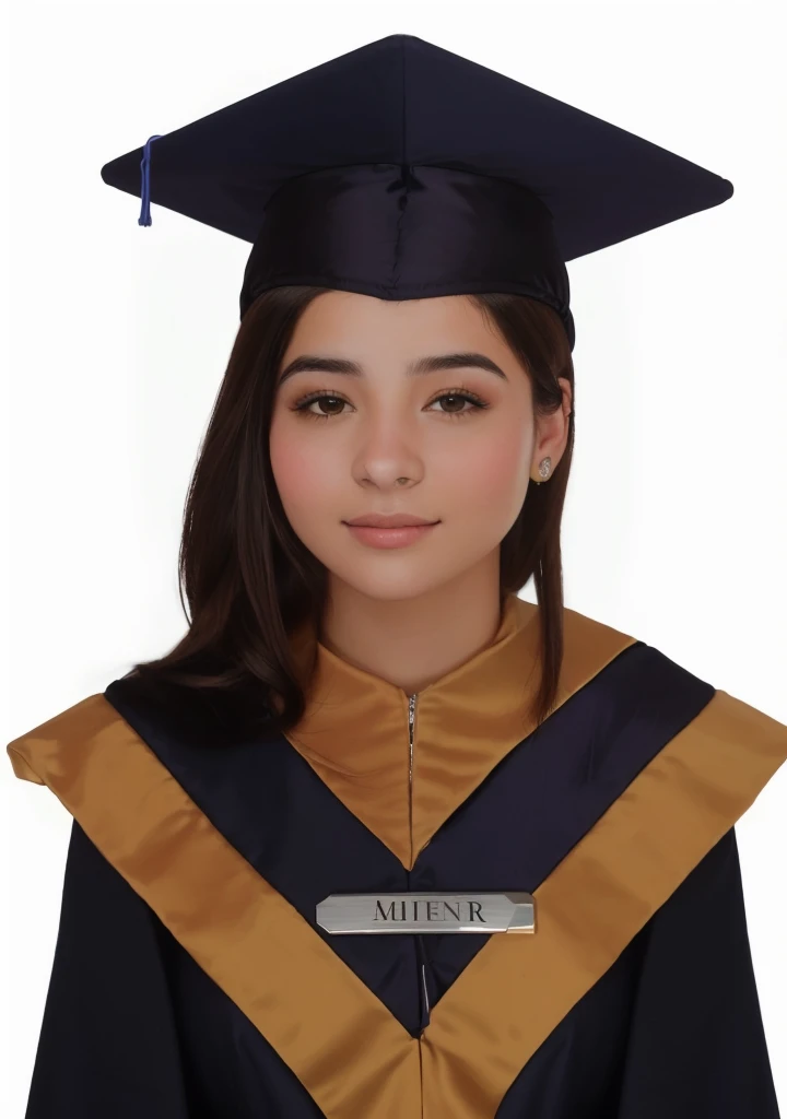 Arafed young woman in graduation gown and cap with nameplate., graduation photo, digitally painted, portrait cerrado, wearing an academic gown, Representación de un portrait de cerca, portrait de primer plano medio, Student, portrait, portrait detallado, portrait en color detallado, portrait de estudio realista, Postgraduate, rendering of mirabel madrigal, portrait de alto detalle, portrait frontal de una niña