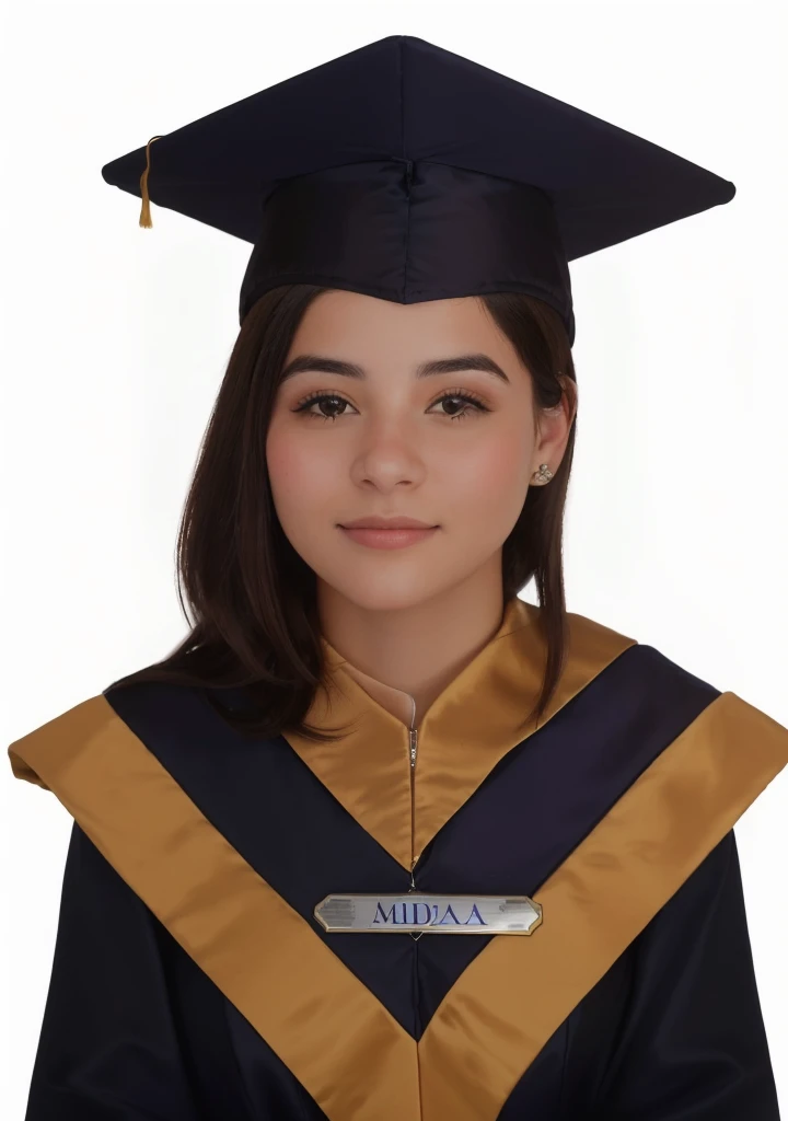 Arafed young woman in graduation gown and cap with nameplate., graduation photo, digitally painted, portrait cerrado, wearing an academic gown, Representación de un portrait de cerca, portrait de primer plano medio, Student, portrait, portrait detallado, portrait en color detallado, portrait de estudio realista, Postgraduate, rendering of mirabel madrigal, portrait de alto detalle, portrait frontal de una niña