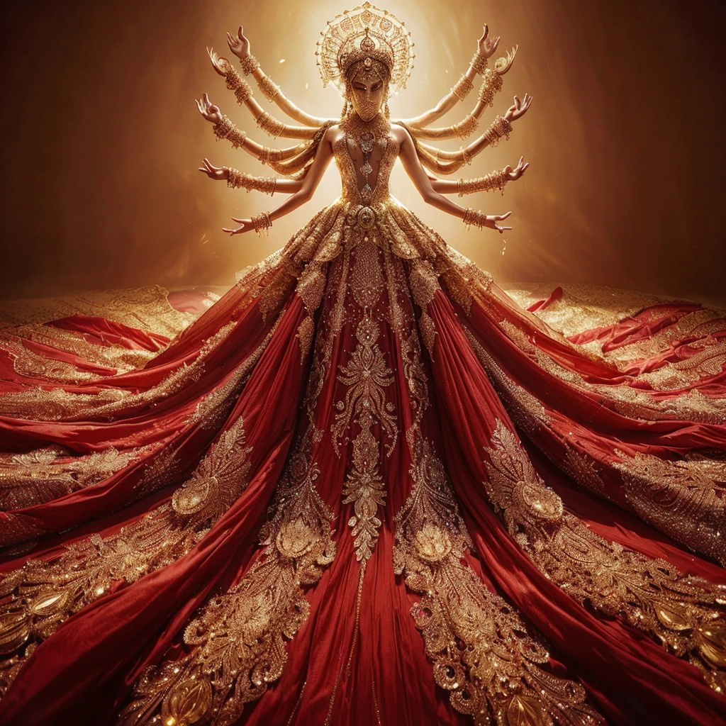 A stunning (((Indian woman))) dazzles in an intricate red gown, rich with flowing layers and elaborate patterns, embodying Ganesh in grand fashion. Her head, crowned with a gorgeous golden headpiece, is illuminated dramatically. And the headpiece goes onto (((her face, a full gold piece that covers her face and becomes a headpiece))) Crystallized human arms extend from her back, while opulent gold jewelry and golden boots complete the look. The shot, taken from beneath, highlights her gown's magnificent descent and her gorgeous face, creating a divine and cohesive fashion masterpiece.