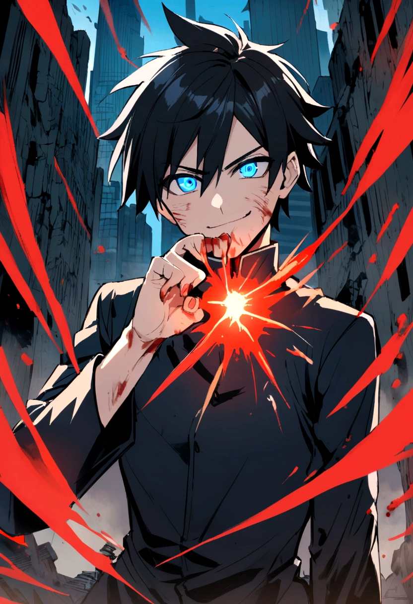 Anime teenager boy who has Black hair with glowing blue eyes that looks like gojo's eyes wearing Jujutsu high uniform charging a red glowing blast above his 2 fingers as he forms a gun hand sign while smirking with his mouth opened as his eyes glowing blue and wide opened looks so rare background city ruins his face was covered with blood and he has some body injuries as he's about to shoot the red blast