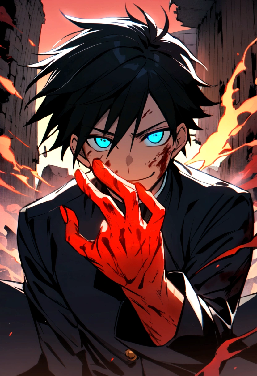 Anime ager boy who has Black hair with glowing blue eyes that looks like gojo's eyes wearing Jujutsu high uniform charging a red glowing blast above his 2 fingers as he forms a gun hand sign while smirking with his mouth opened as his eyes glowing blue and wide opened looks so rare background city ruins his face was covered with blood and he has some body injuries as he's about to shoot the red blast