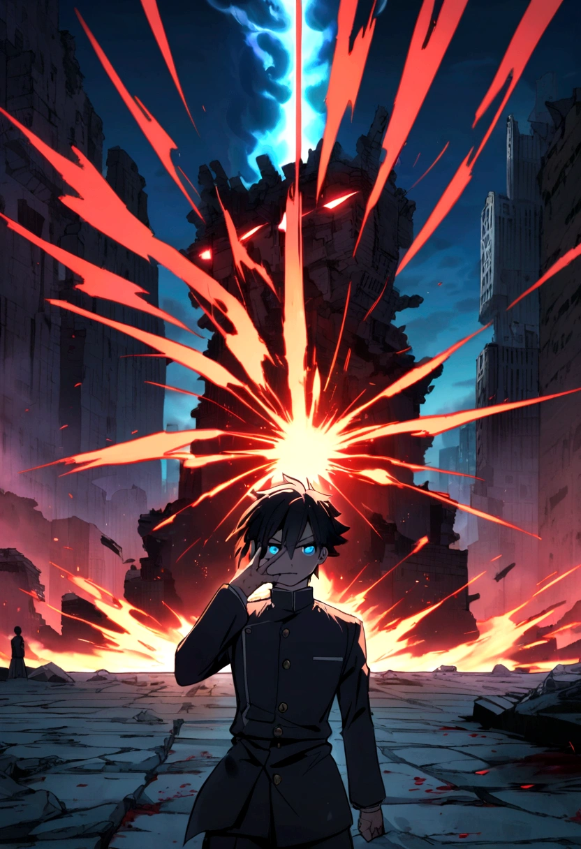 Anime  boy who has Black hair with glowing blue eyes that looks like gojo's eyes wearing Jujutsu high uniform charging a red glowing blast above his 2 fingers as he forms a gun hand sign while smirking  with his mouth opened as his eyes glowing blue and wide opened looks so rare background city ruins  his face was covered with blood and he has some body injuries as he's about to shoot the red blast 