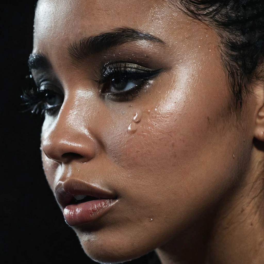 close up and zoomed in on a beautiful sad crying black girl with crying a single teardrop running down her face and a black background, sad, depressed, emotinoal, tearing up, crying, close up on side profile only showing cheek and eyelight falling on face, noir photorealism, mysterious portrait of a woman, chiaroscuro portrait, grainy black and white photo. close up on side profile, tinashe, zoe kravitz, zoomed in on tear drop, euphoria vibes, tears, crying, black and white, dark