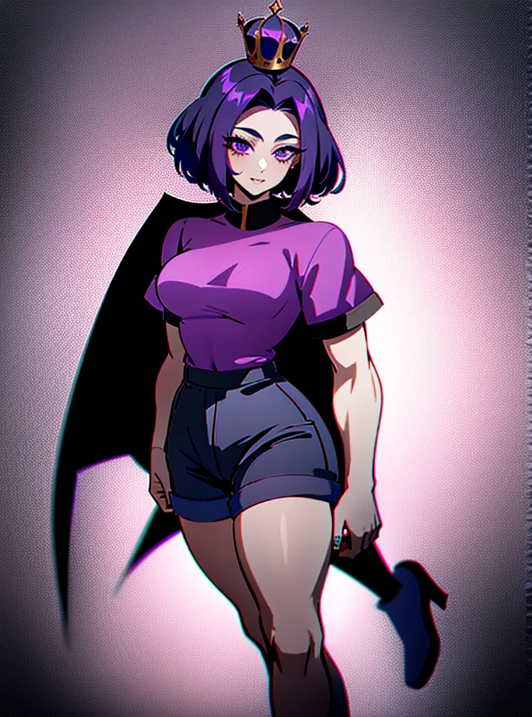 1 girl with short hair half dark blue and half dark purple, with a dark sports shirt, dark purple eyeliner, an infernal crown on her head, black shorts and heels, a cape, mesh stockings, long ones, delicious, with black and purple marks on the skin