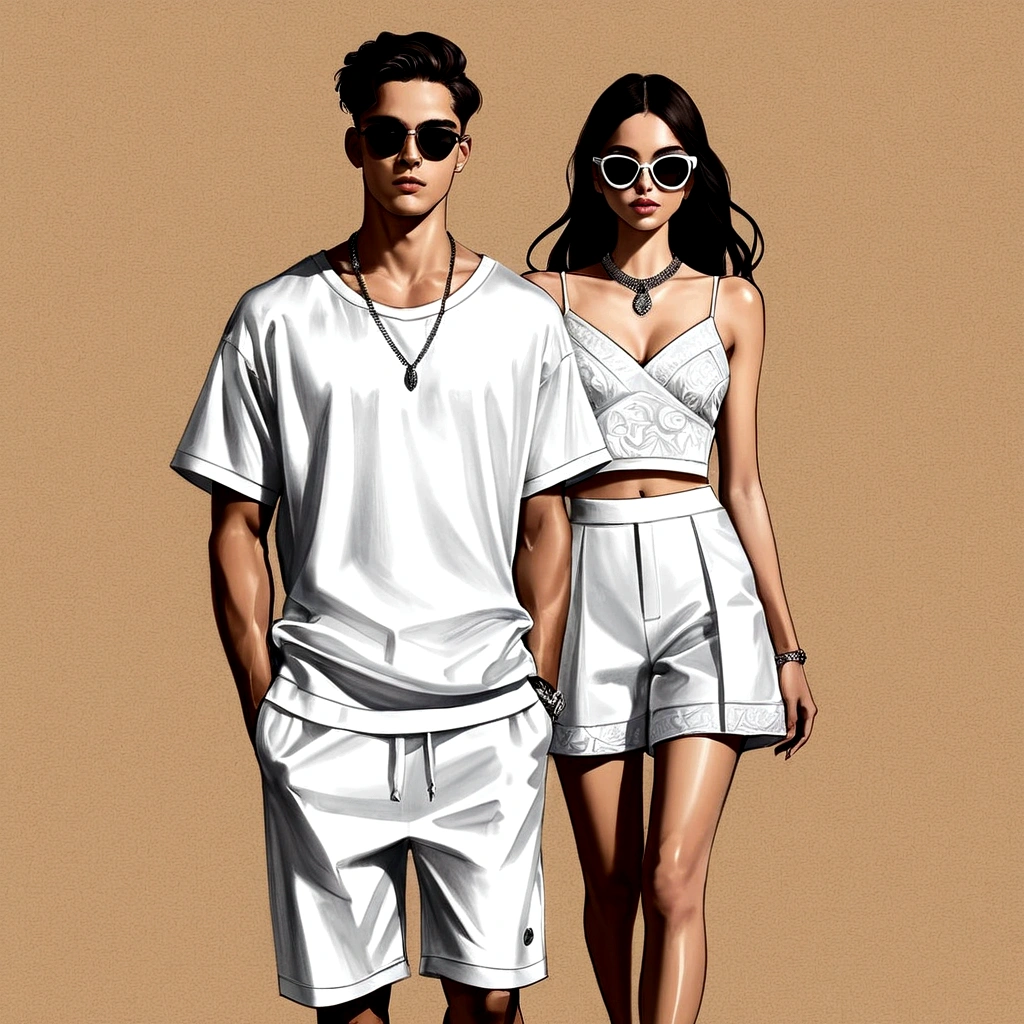 candid fashion illustration of young man and woman, both aged 20 year old, ((showcase fashion in a White cotton-rayon outfits)),  inspired by JACQUARD's spring-summer collection in elegant luxury style, The man wears an oversized short-sleeved white shirt with a sporty details, paired with relaxed-fit white Sports Shorts with semi hard bulge, He completes his look with white sneakers and sunglasses. The woman complements him in Ankle-length dress in white, featuring a deep V-neckline and spaghetti shoulder straps, with Gathered detail tiers down the skirt and hem, Her ensemble includes an accessorizes white sneakers and full of necklace. Captured in a low angle, ((full-body image)), (full-body pose)), ((paper material background)), realistic charcoal lines, imperfect drawing, charcoal lines, fading sketch, quick Sketch, (Eddie Mauro-mix), 