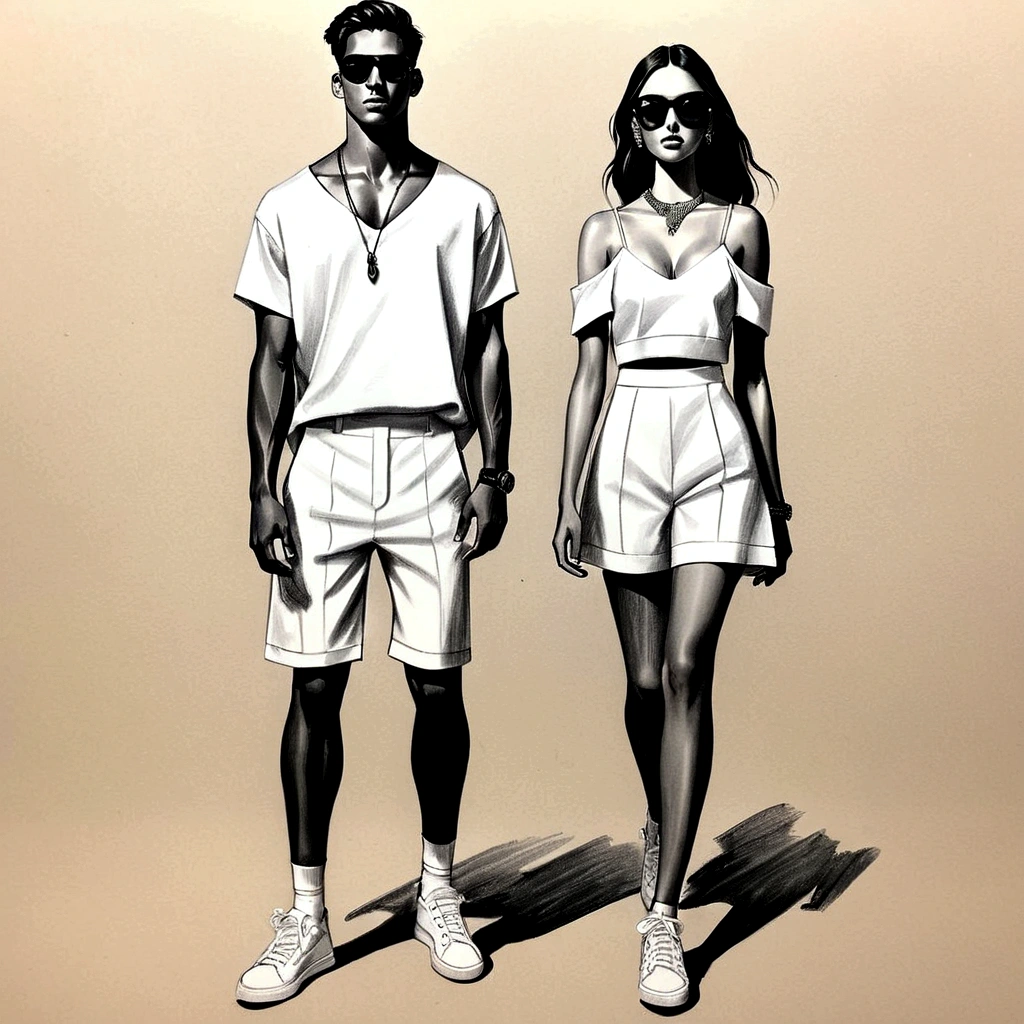 candid fashion illustration of young man and woman, both aged 20 year old, ((showcase fashion in a White cotton-rayon outfits)),  inspired by JACQUARD's spring-summer collection in elegant luxury style, The man wears an oversized short-sleeved white shirt with a sporty details, paired with relaxed-fit white Sports Shorts with semi hard bulge, He completes his look with white sneakers and sunglasses. The woman complements him in Ankle-length dress in white, featuring a deep V-neckline and spaghetti shoulder straps, with Gathered detail tiers down the skirt and hem, Her ensemble includes an accessorizes white sneakers and full of necklace. Captured in a low angle, ((full-body image)), (full-body pose)), ((paper material background)), realistic charcoal lines, imperfect drawing, charcoal lines, fading sketch, quick Sketch, (Eddie Mauro-mix), 