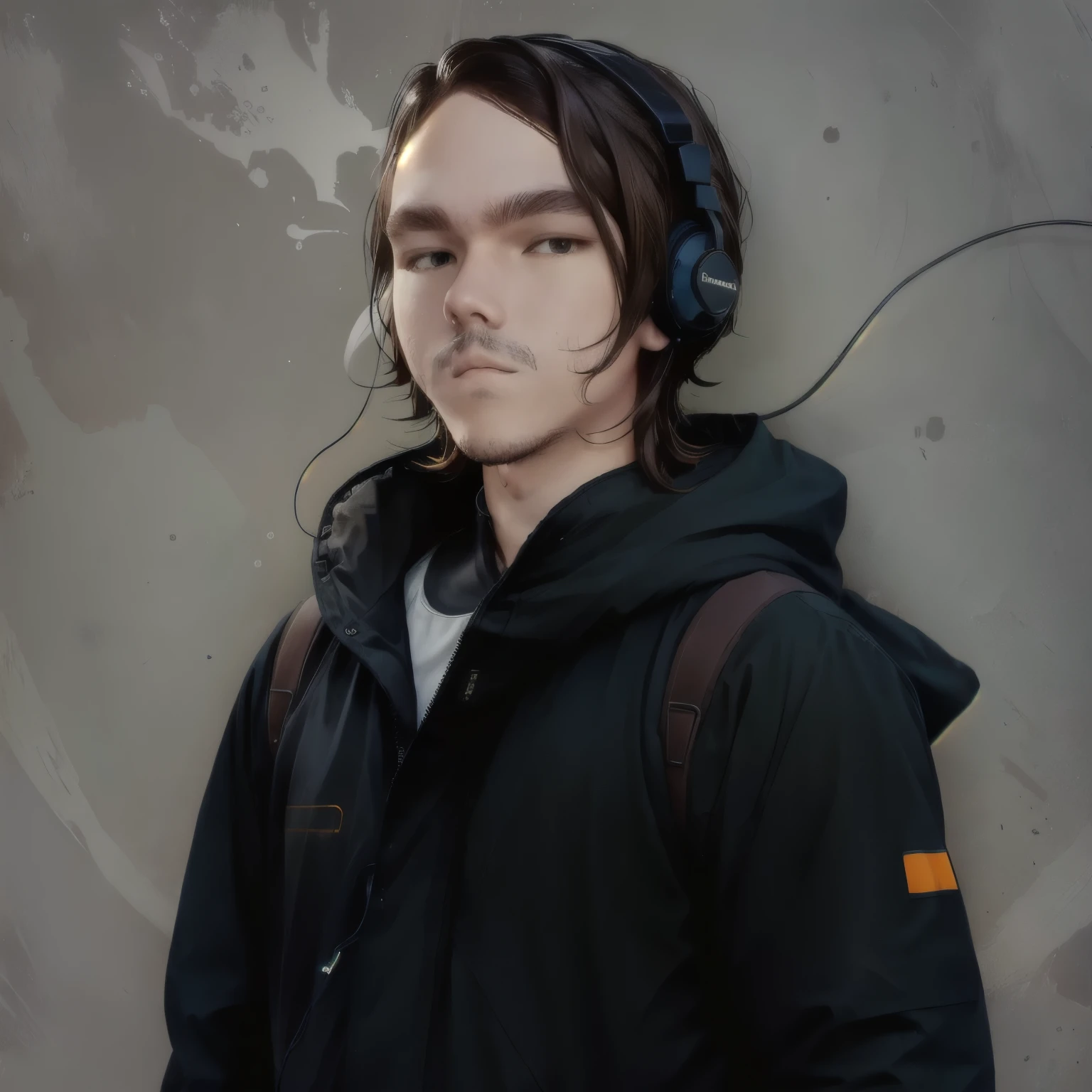 cartoon character, brown hair boy, technological clothing, headphones, minimalistic