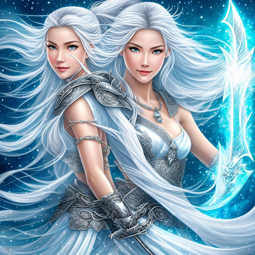 Drawing the Snow Mountain Sword, the sword with the ice cold flame of the ancient style woman, holding blue flame burning sword, white clothes dancing sword in the snow long flowing hair, holding a silver longsword beautiful woman, wearing jade jewelry, her face is full of confident smiles, she is suspended in the clouds like a fairy, behind it is a layer of mountains  