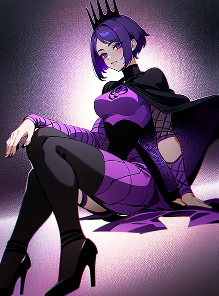 1 girl with short hair half dark blue and half dark purple, with a dark sports shirt, dark purple eyeliner, an infernal crown on her head, black shorts and heels, a cape, mesh stockings, long ones, delicious, with black and purple marks on the skin, sit down