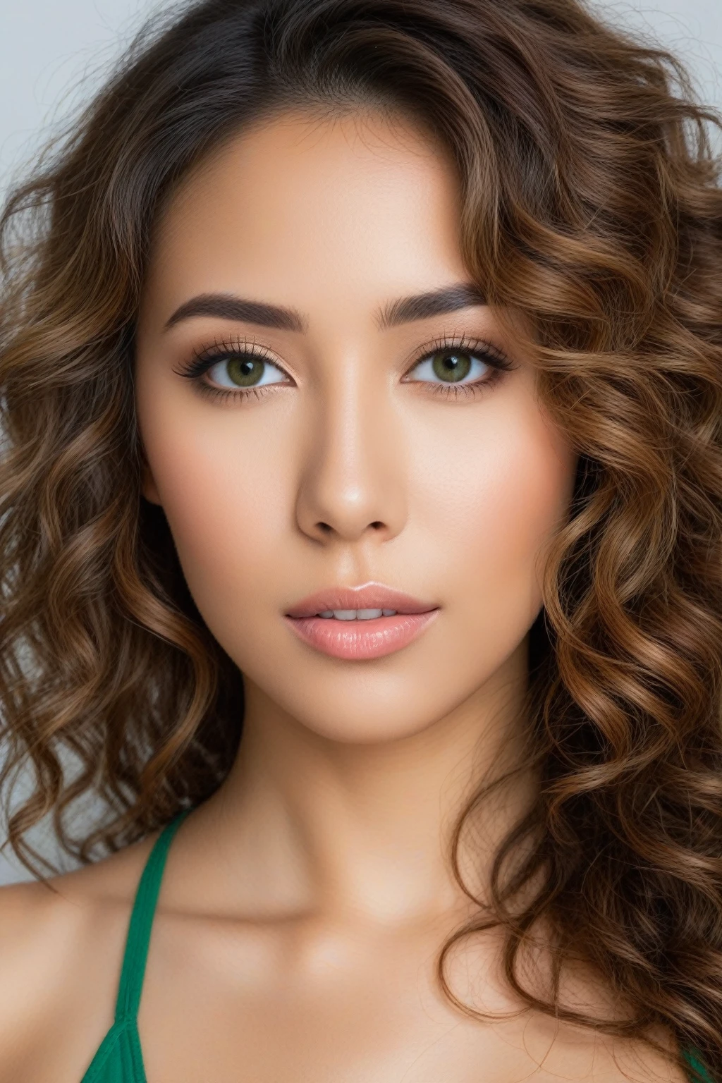 Photo portrait real d'une femme 28 ans peau clair, beaucoup plus réaliste, real, yeux brillants vert, nice face, sharpness, curly light brown hair, with Thai and Spanish origins, sexy realistic